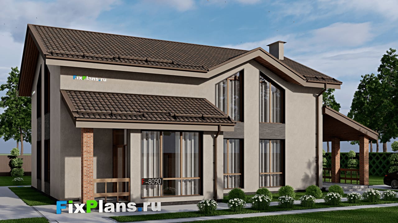 Одноэтажный дом с мансардой  F-8090 — фасад